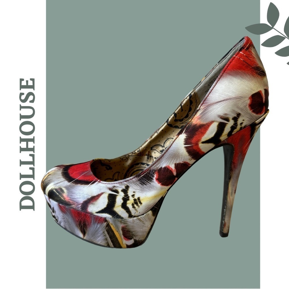 🛍️3/$40 Dollhouse Platform Stilleto Heel Multi Color Print Shoe Orange Size 8.5